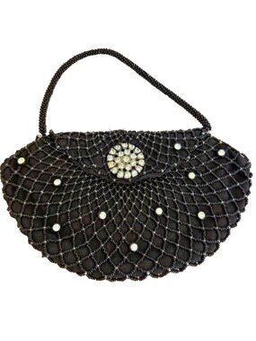 Vintage Hand Beaded Black Evening Bag Rhinestone Clasp Soft Beaded Handle